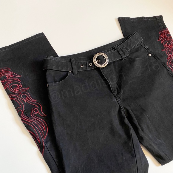 Harley Davidson Vintage Y2K Flame Embroidered Bootcut Flare Black Jeans 6 long - Picture 1 of 11